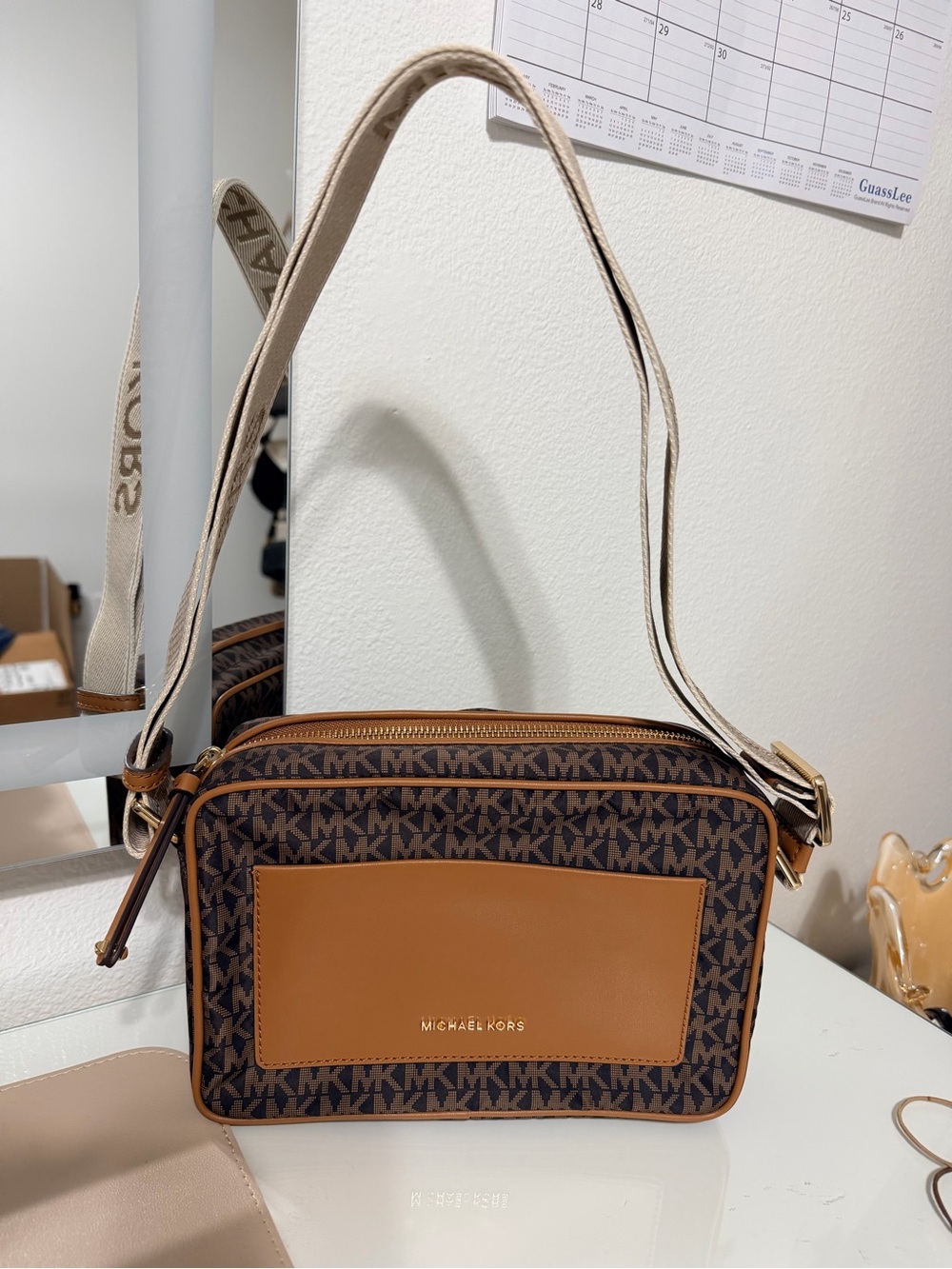 Michael Kors Brown and Tan MK Logo Crossbody Bag